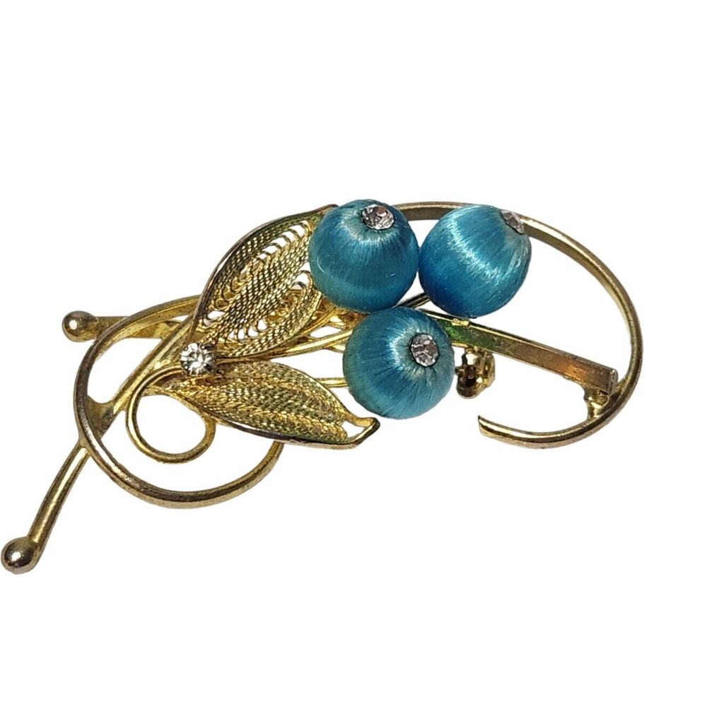 VTG 60s Gold Tone Floral Brooch Something Blue Old Wedding Bride Gift Grandma